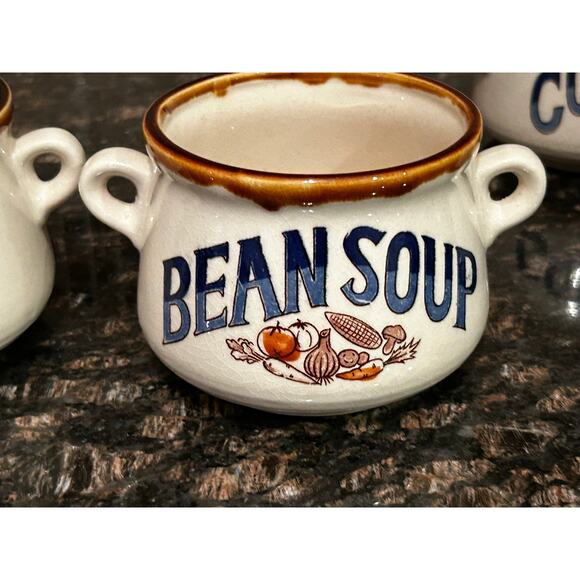 Vintage Set of 4 Stoneware Japan handle Soup Bowls Onion Bean Mushroom Cups Mugs - Picture 7 of 11
